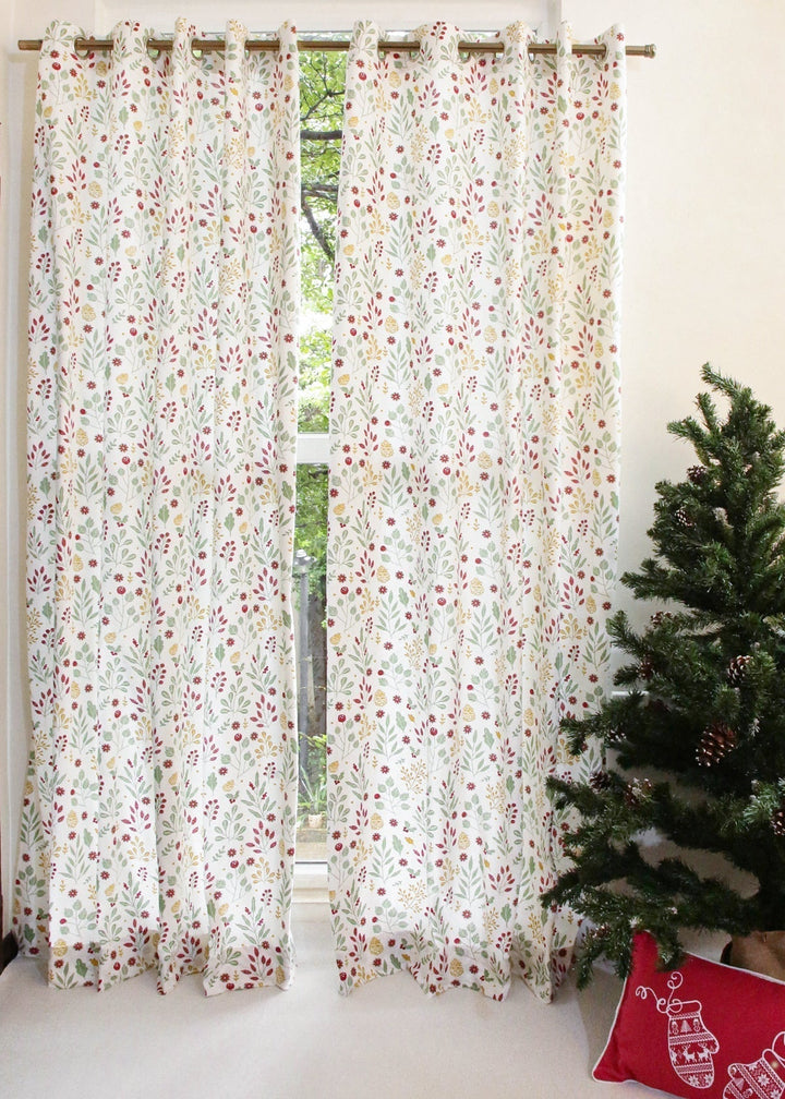 Foraged Berries 100% cotton floral curtain for living room - Light Reduction - Multicolor - Single Piece | SHOBITAM