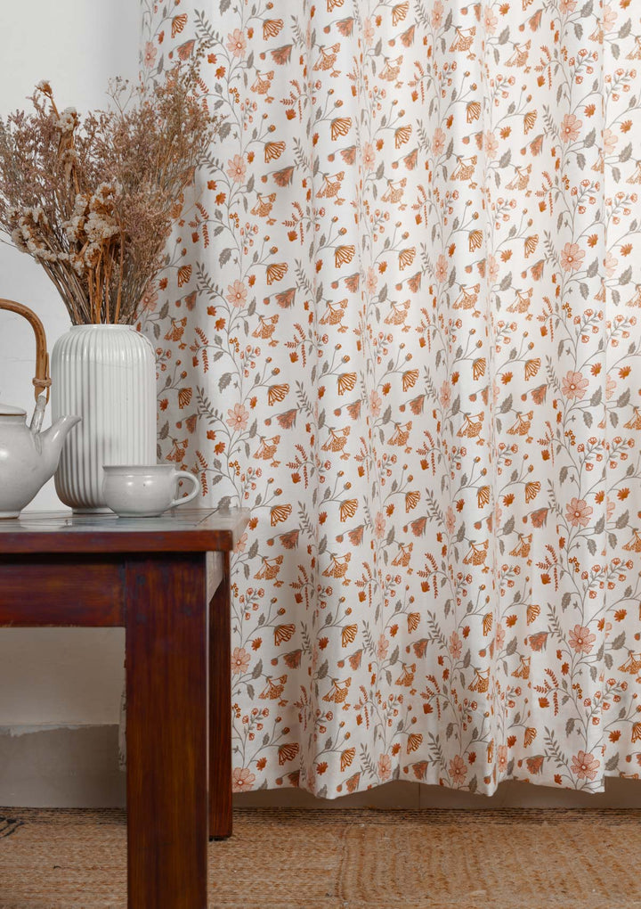 Forest bloom 100% cotton floral curtain for living room - Light Reduction - Orange - Single Piece | SHOBITAM