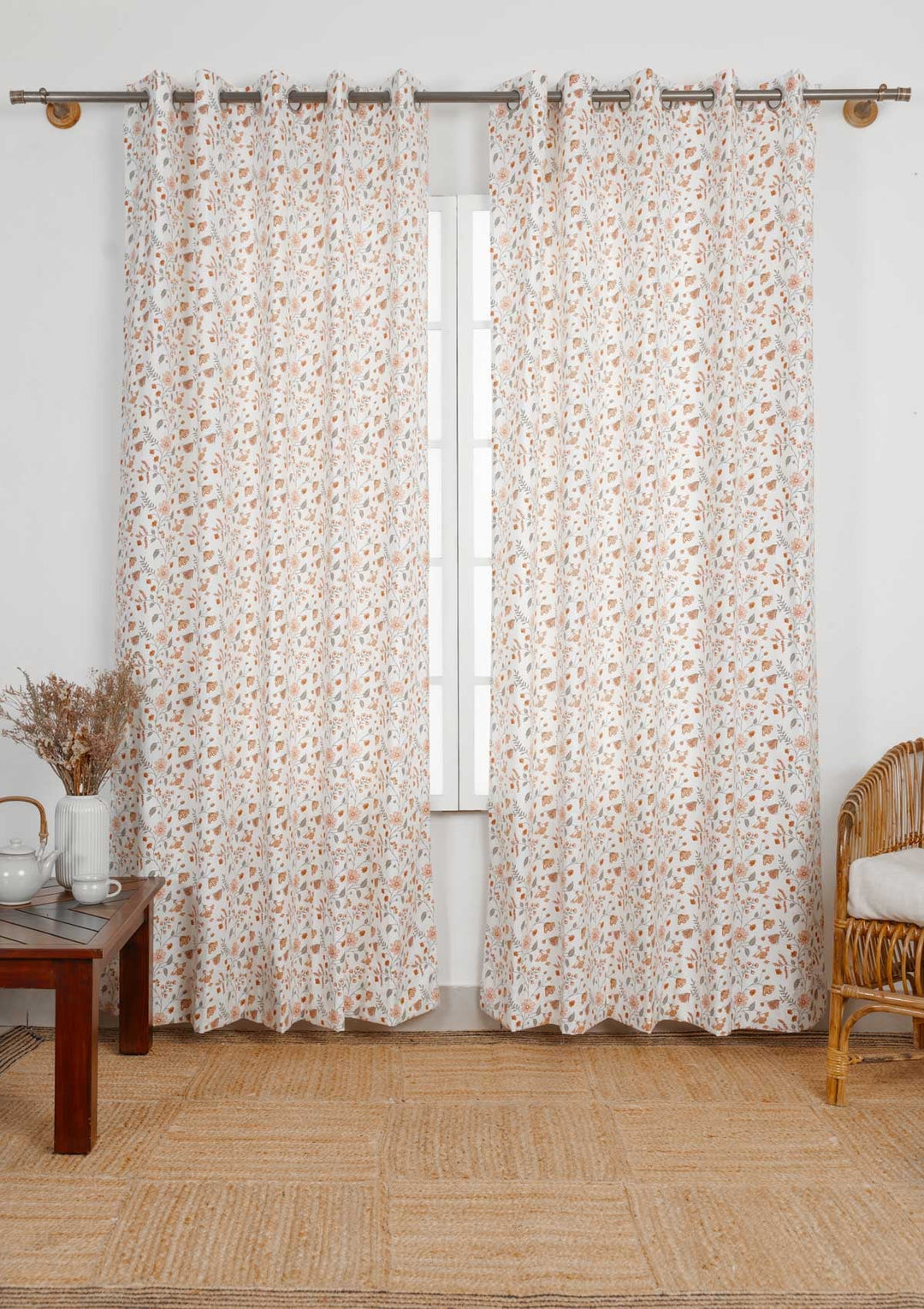 Forest bloom 100% cotton floral curtain for living room - Light Reduction - Orange - Single Piece | SHOBITAM