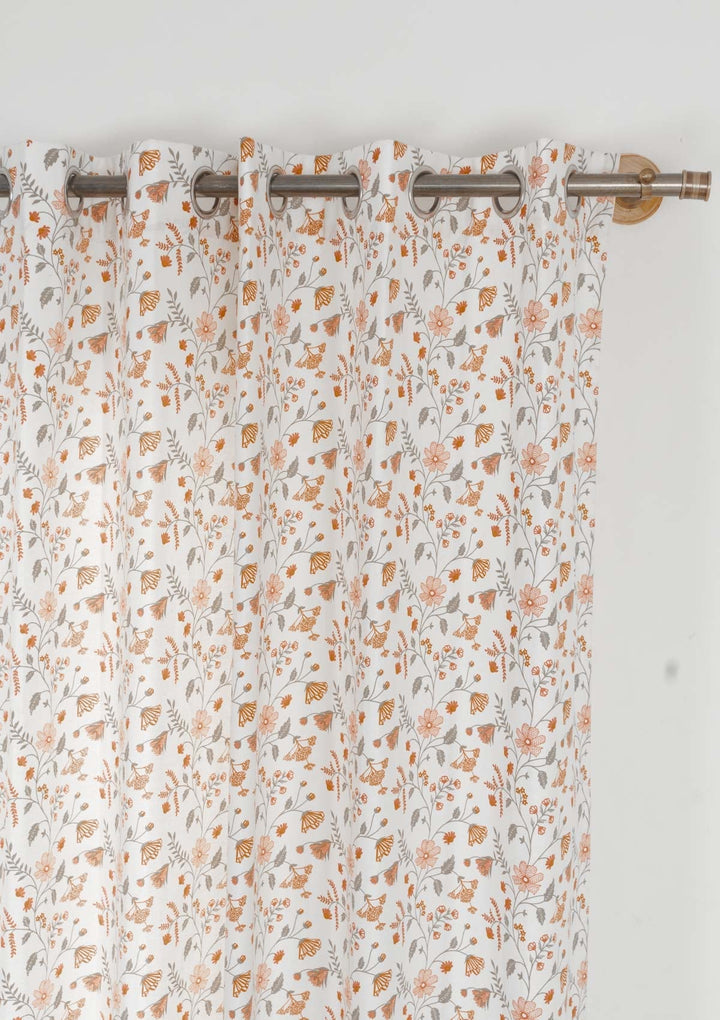 Forest bloom 100% cotton floral curtain for living room - Light Reduction - Orange - Single Piece | SHOBITAM