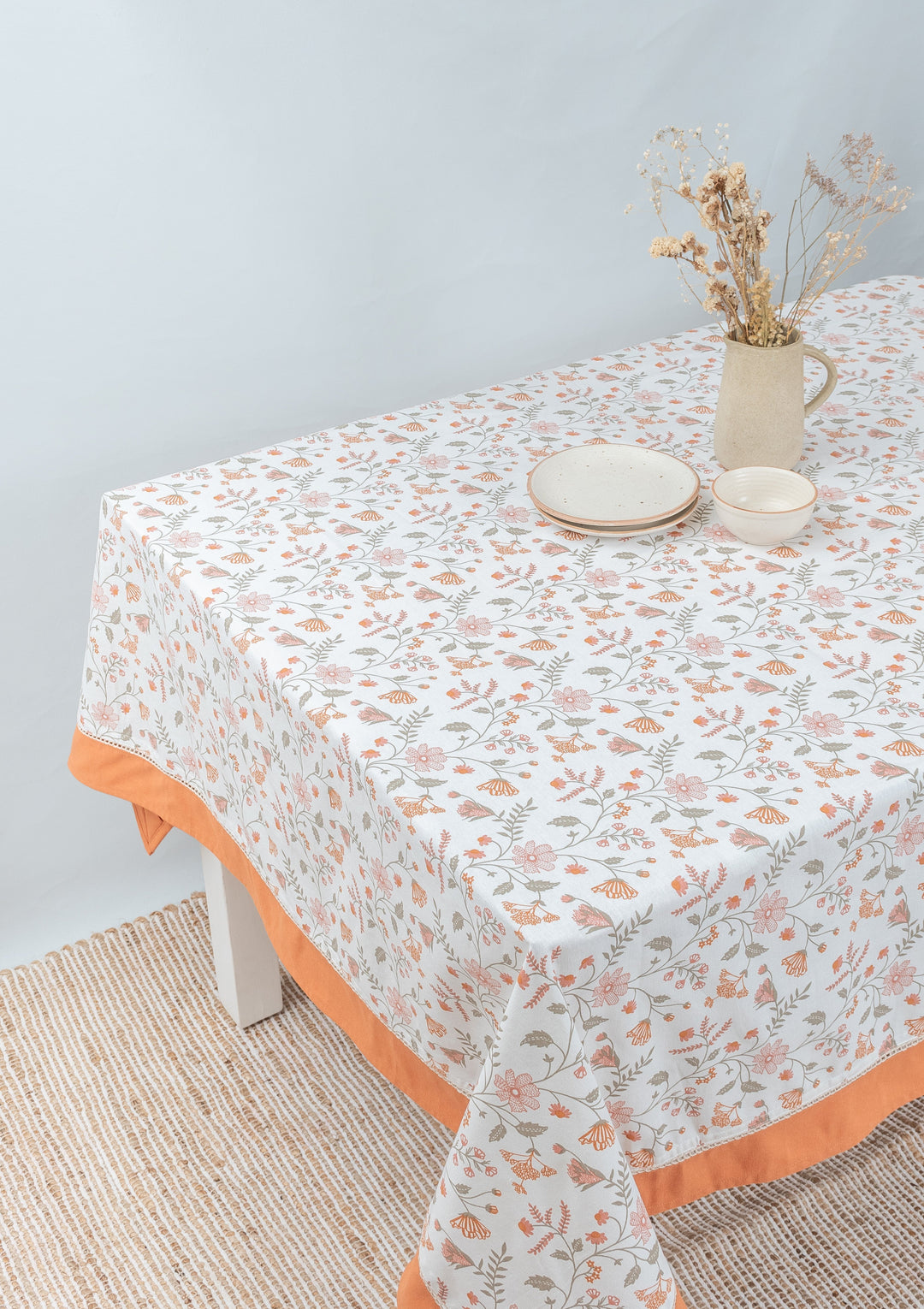 Forest bloom 100% cotton floral table cloth for 4 seater or 6 seater Dining With solid border | SHOBITAM