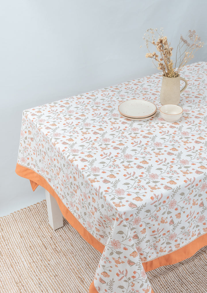 Forest bloom 100% cotton floral table cloth for 4 seater or 6 seater Dining With solid border | SHOBITAM