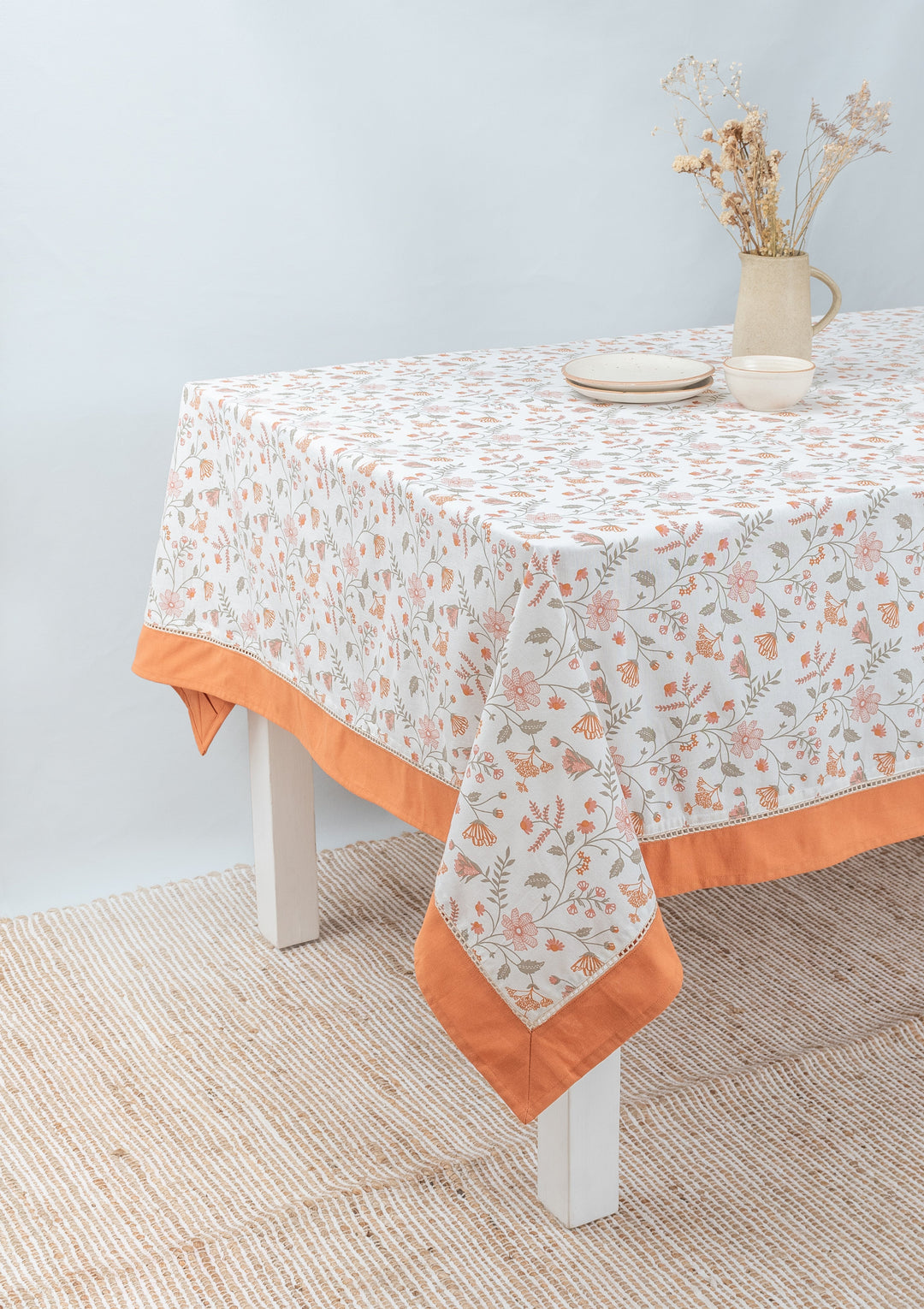 Forest bloom 100% cotton floral table cloth for 4 seater or 6 seater Dining With solid border | SHOBITAM