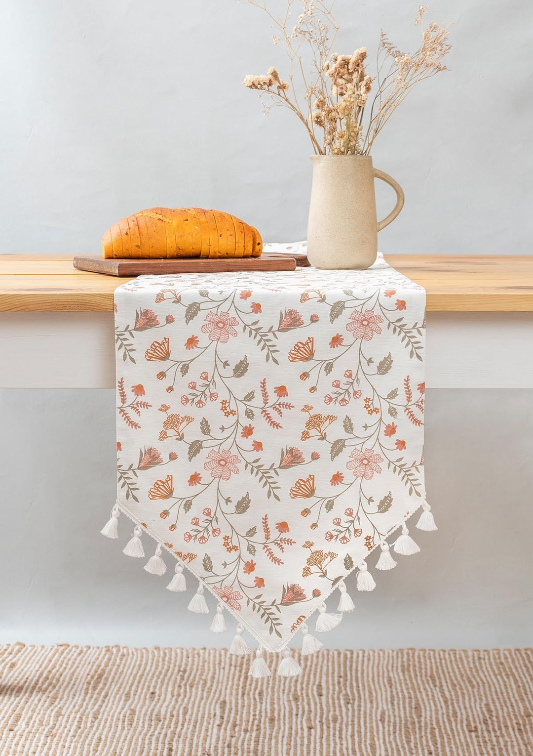 Forest bloom 100% cotton floral table runner for 4 seater or 6 seater Dining with tassels - Orange | SHOBITAM