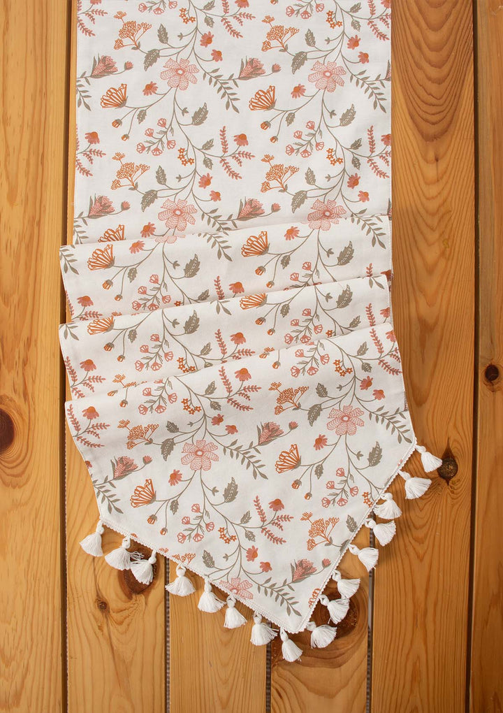 Forest bloom 100% cotton floral table runner for 4 seater or 6 seater Dining with tassels - Orange | SHOBITAM