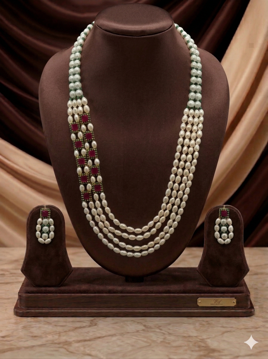 White Freshwater Pearl Side Brooch Necklace Set with Red Stones | SHOBITAM