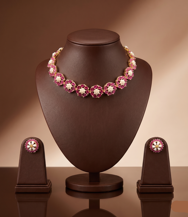Ruby Blossom Freshwater Pearl Choker Set | SHOBITAM