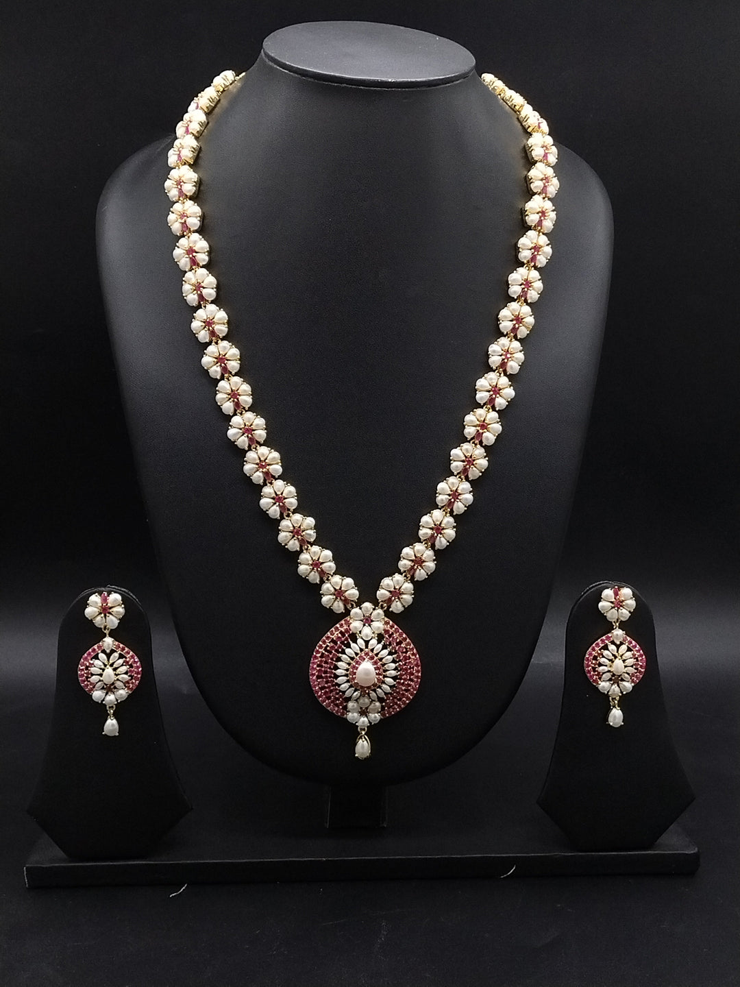 Freshwater Pearl Long Haram Set with Red AD stones | SHOBITAM