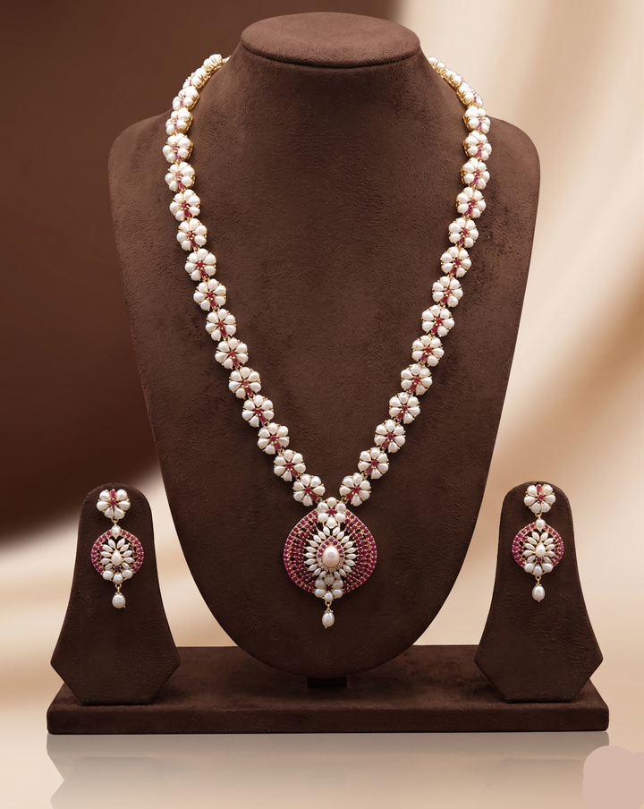 Freshwater Pearl Long Haram Set with Red AD stones | SHOBITAM