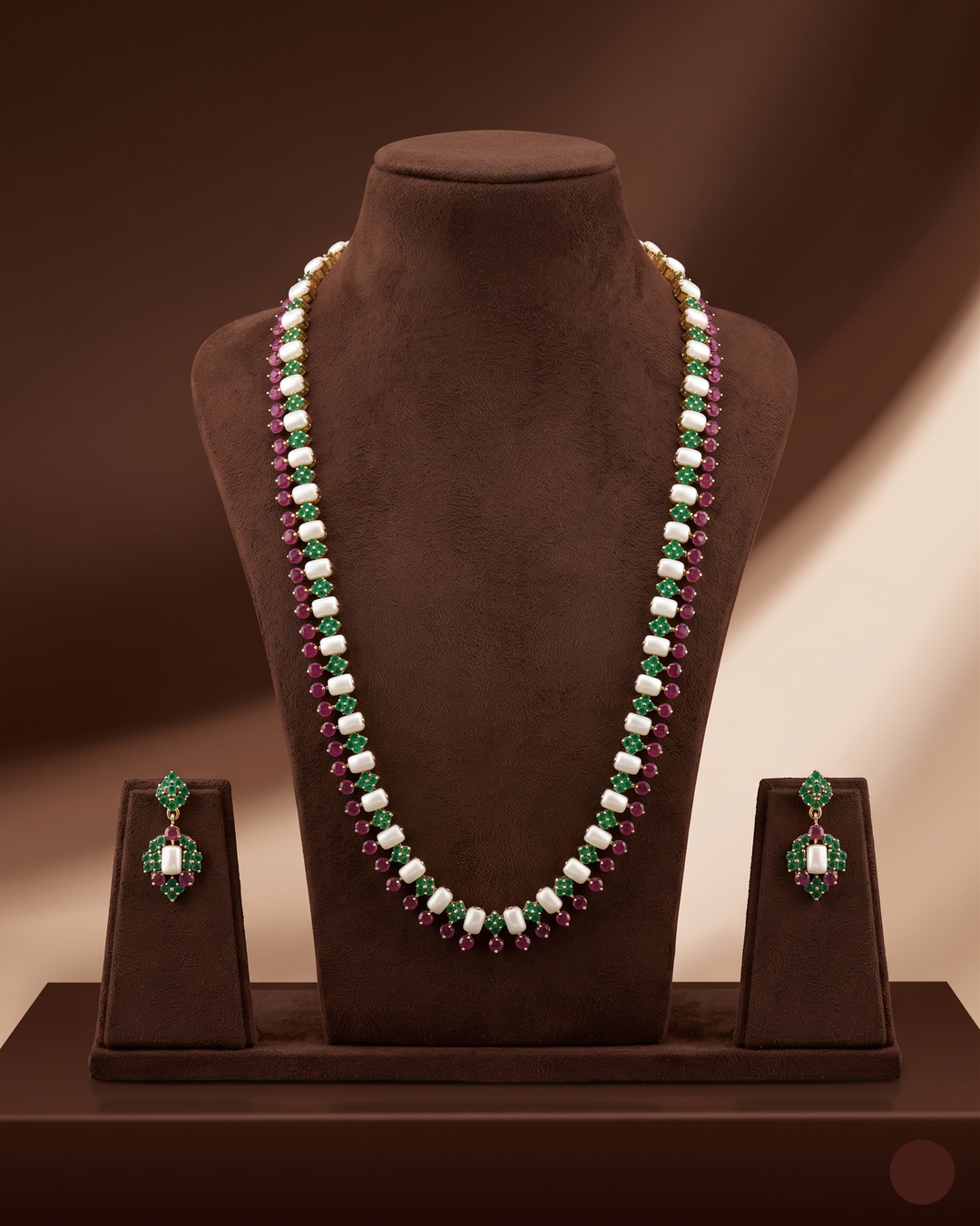 Freshwater Pearl, Green & Red Stone Long Haram Set | SHOBITAM