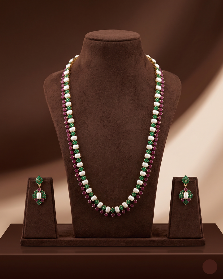 Freshwater Pearl, Green & Red Stone Long Haram Set | SHOBITAM