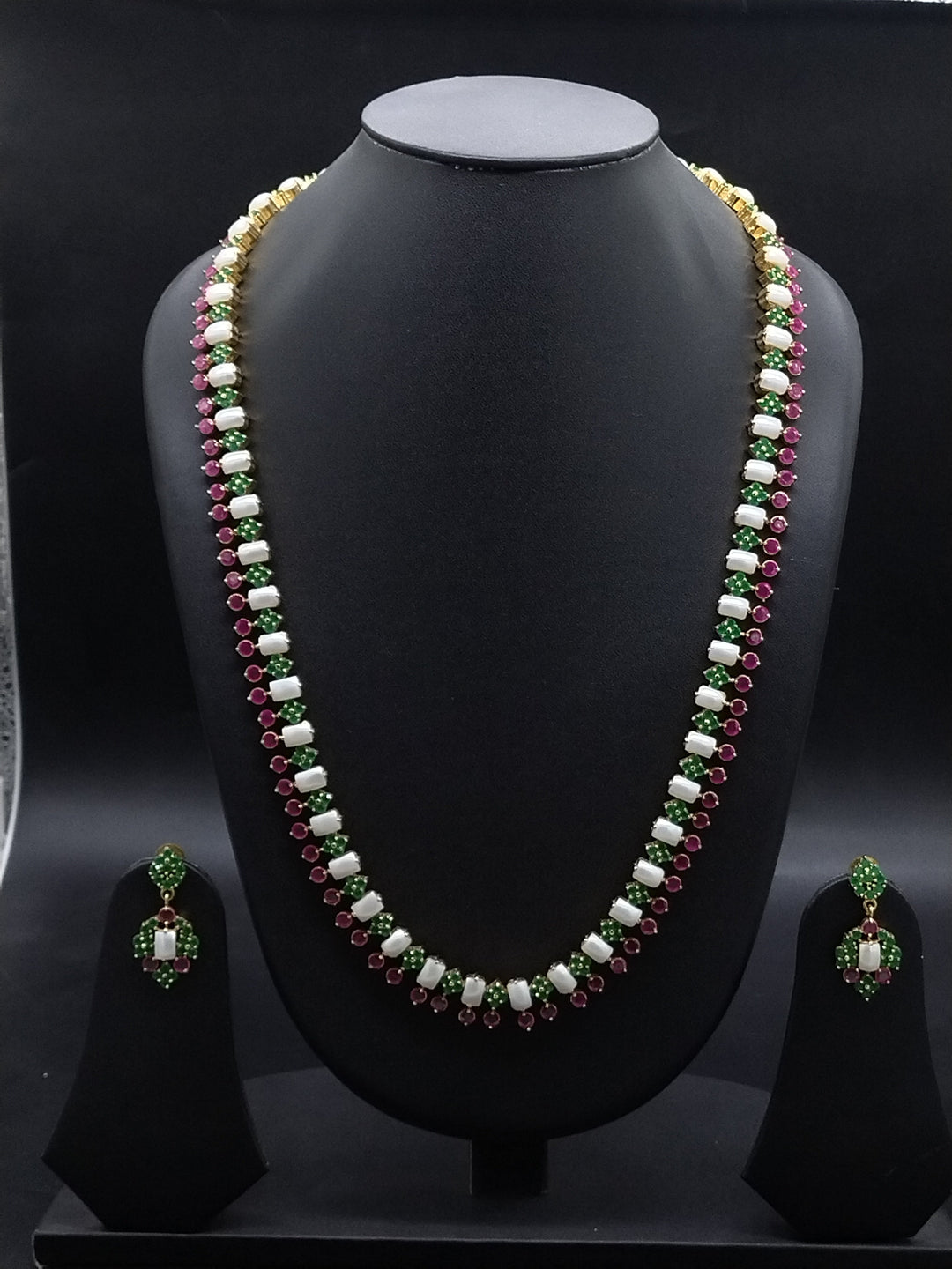 Freshwater Pearl, Green & Red Stone Long Haram Set | SHOBITAM