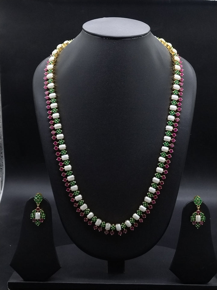 Freshwater Pearl, Green & Red Stone Long Haram Set | SHOBITAM