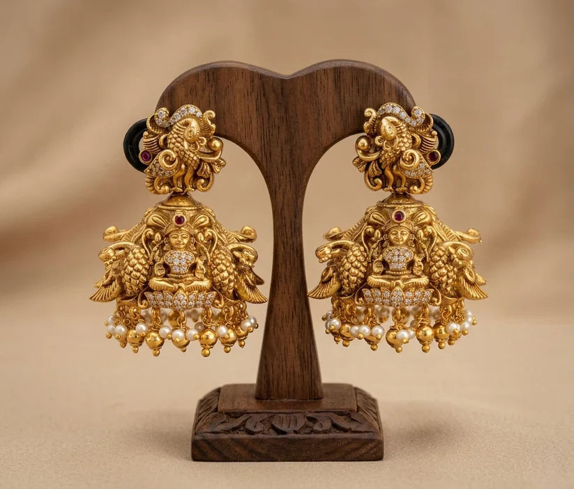 Antique Gold tone Nakshi Peacock Lakshmi Jhumka | SHOBITAM