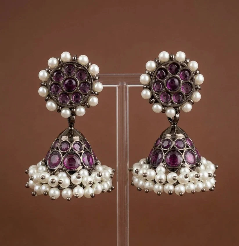 Black finish precious kemp pearl jhumkka with detachable stud | SHOBITAM