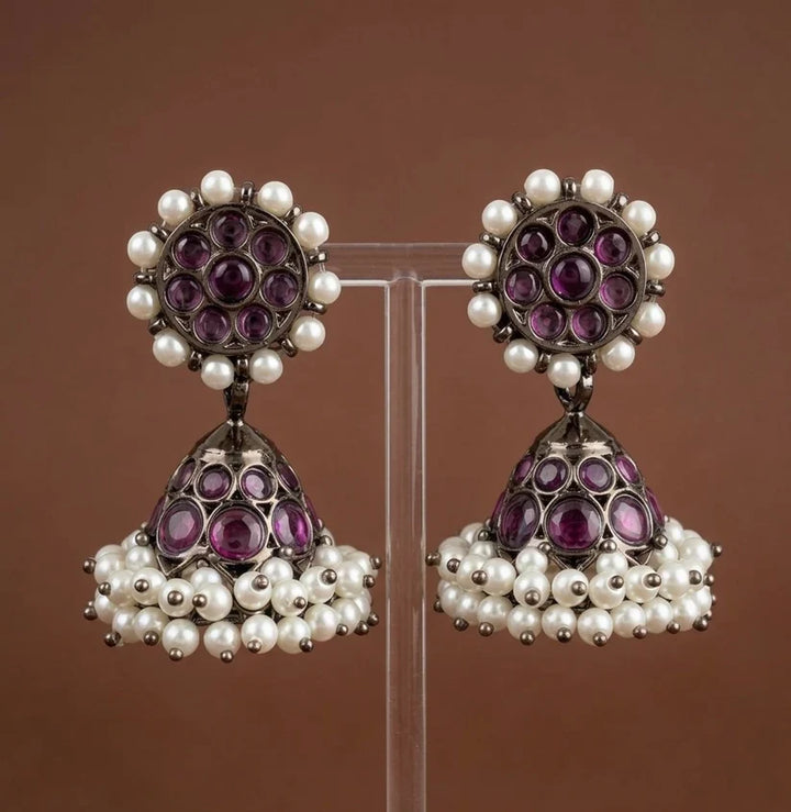 Black finish precious kemp pearl jhumkka with detachable stud | SHOBITAM