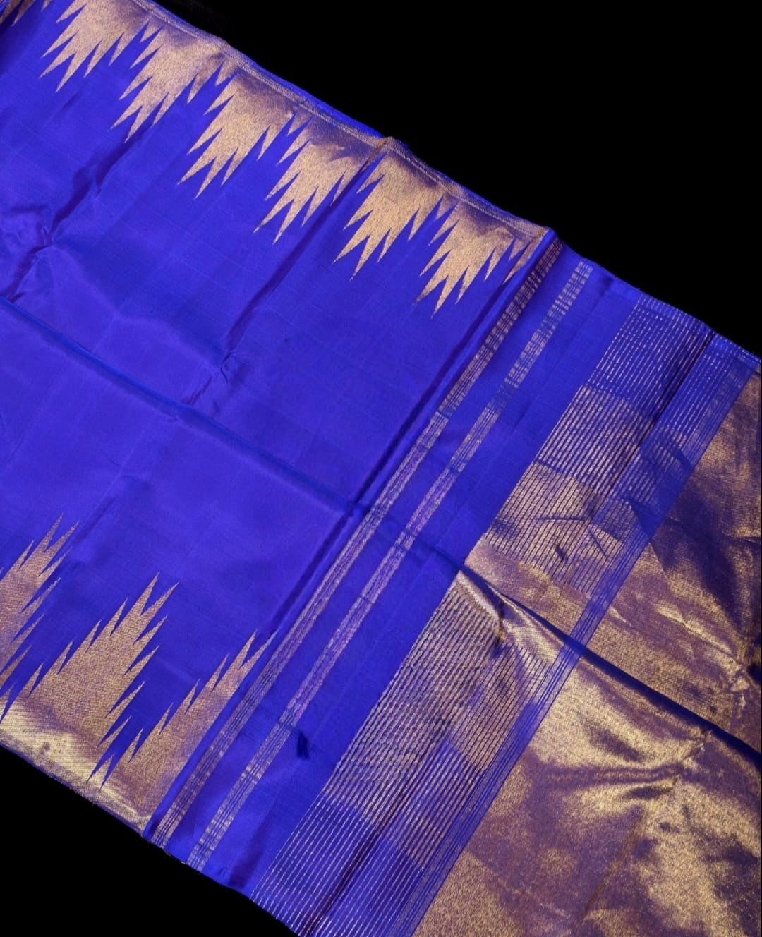 Royal Blue Kanjivaram Pure Silk Saree with golden Zari Temple border | SILK MARK CERTIFIED