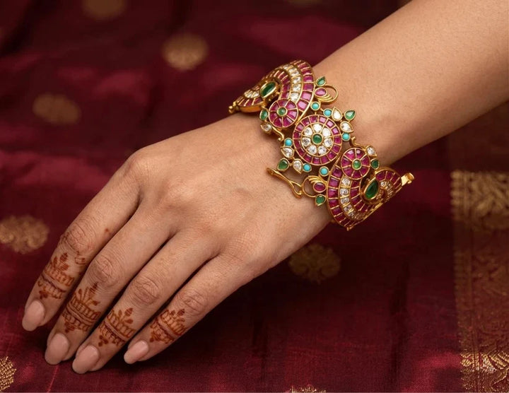 Matte Finish Kemp-Green-White Openable Peacock Kada / Bangle | SHOBITAM