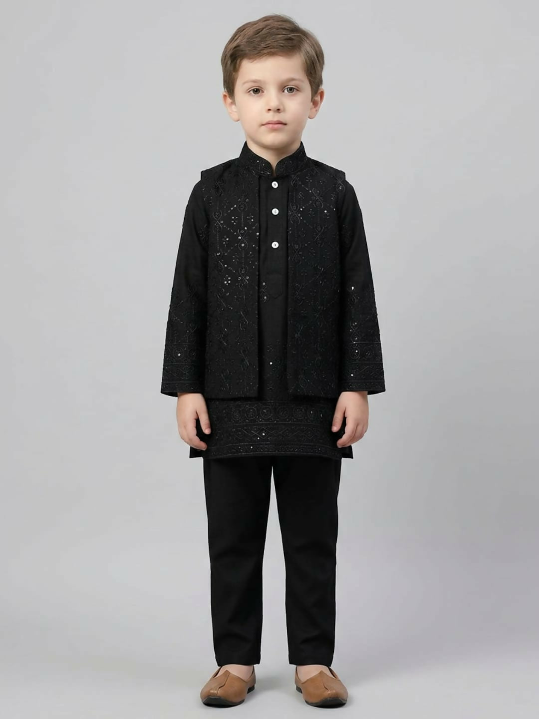 Boys Embroidered Black Kurta Pajama Set with Ethnic Jacket | SHOBITAM