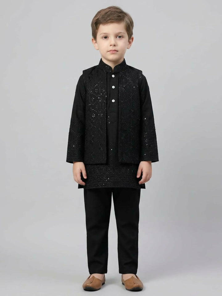 Boys Embroidered Black Kurta Pajama Set with Ethnic Jacket | SHOBITAM