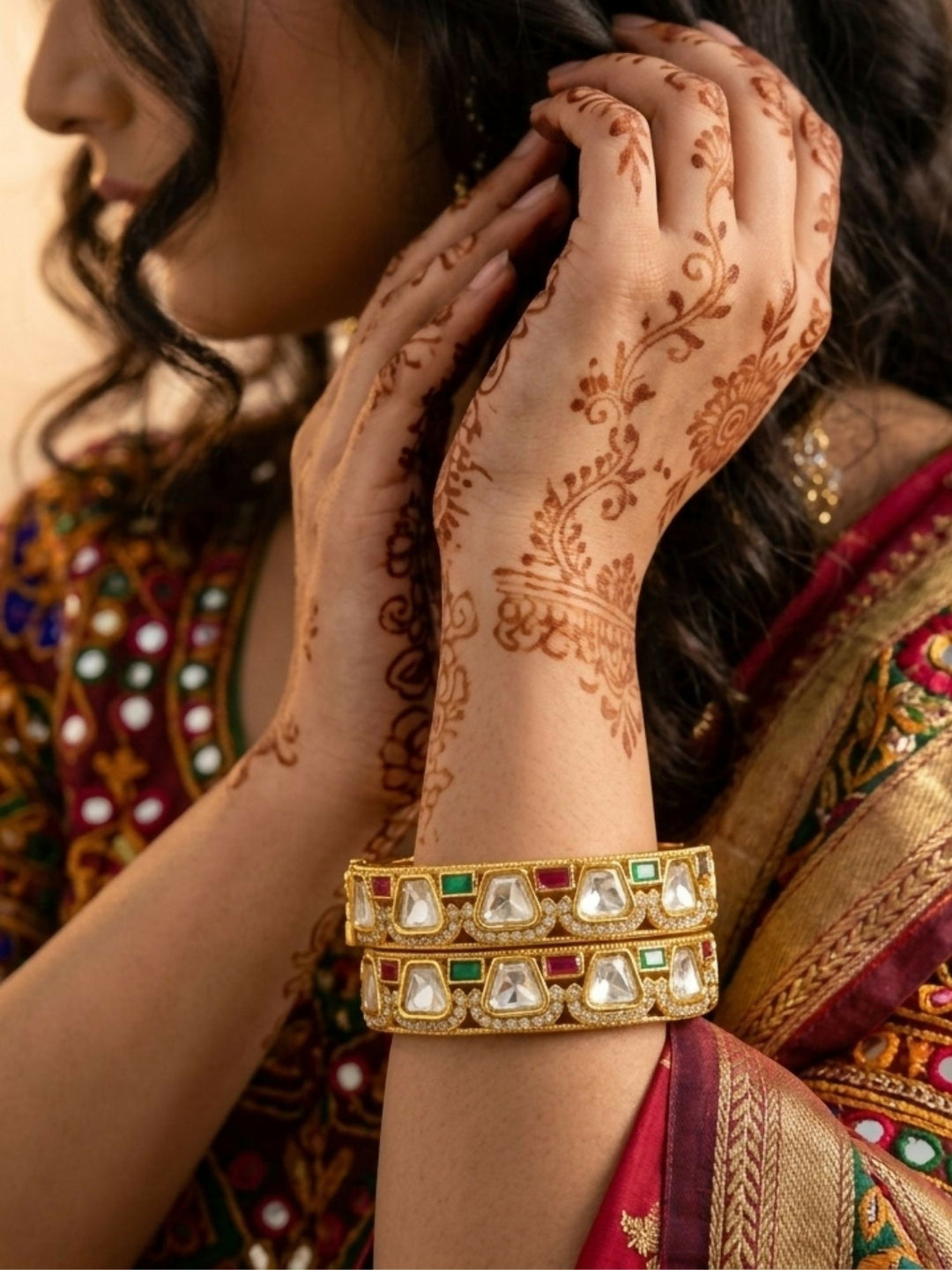 2.4 Gold Plated Multicolour Polki Moissanite Bangles | SHOBITAM