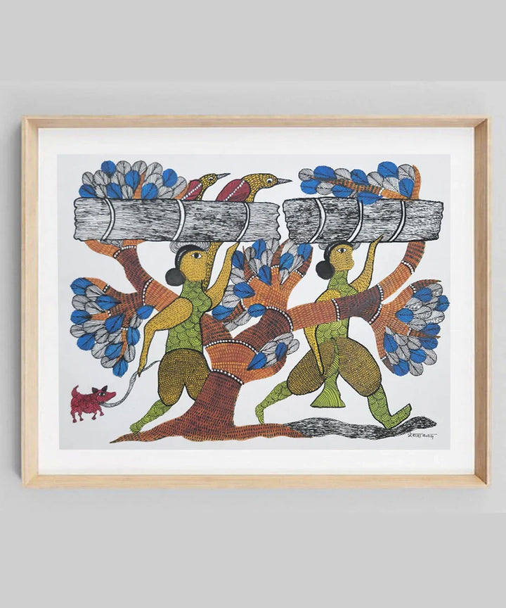 Gond Hand Painting | Two Women | 11.5 x 15 Inches | Unframed |SHOBITAM