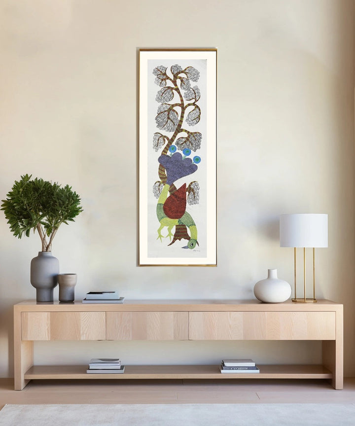 Peacock with Tree Gond Hand Painting (Unframed) 36" x 18"