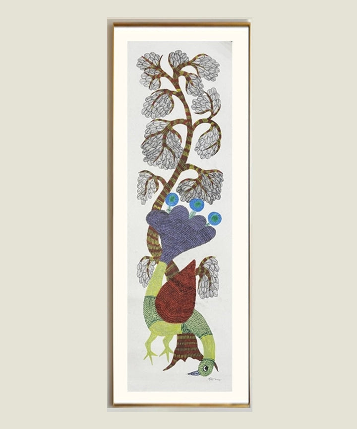 Peacock with Tree Gond Hand Painting (Unframed) 36" x 18"