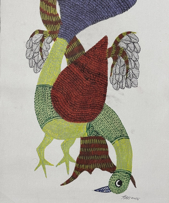 Peacock with Tree Gond Hand Painting (Unframed) 36" x 18"