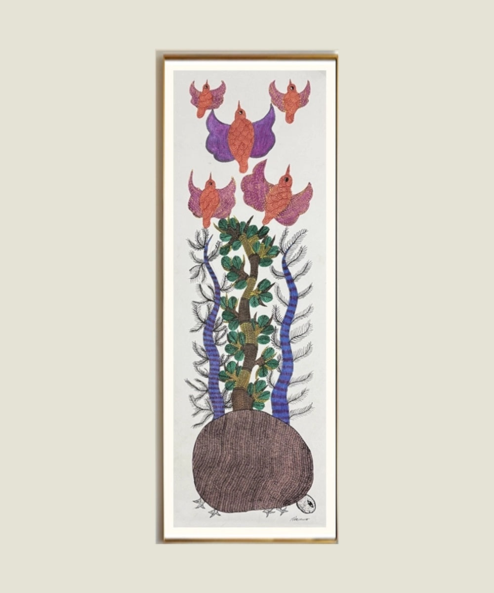 Turtle and tree Gond Hand Painting (Unframed) 36" x 18"