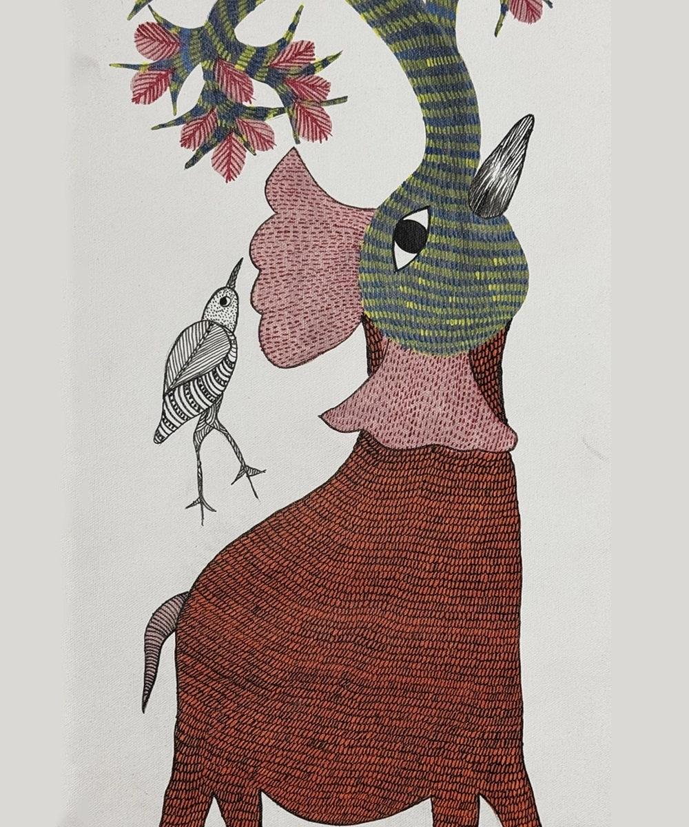Elephant & Tree Gond Hand Painting (Unframed) 36" x 18"