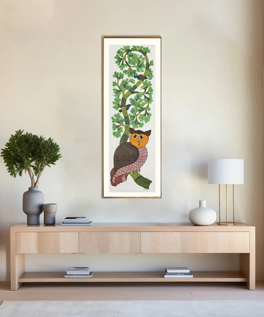 Gond Hand Painting | Owl | 1 x 3 Feet | Unframed | SHOBITAM
