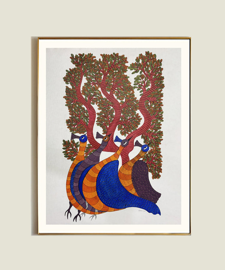 Morni : Peahen Gond Hand Painting wall art on Cloth (Unframed)