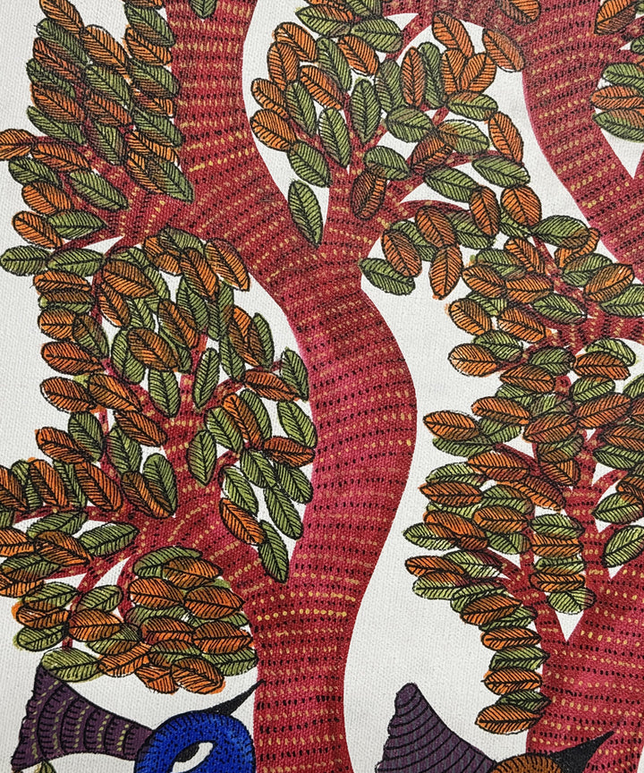 Morni : Peahen Gond Hand Painting wall art on Cloth (Unframed)