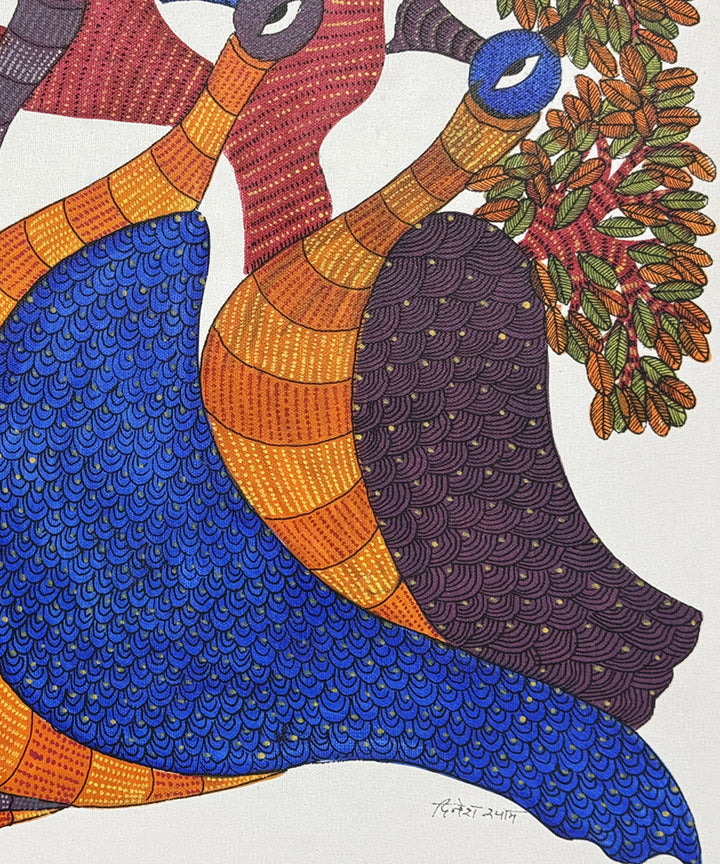 Morni : Peahen Gond Hand Painting wall art on Cloth (Unframed)