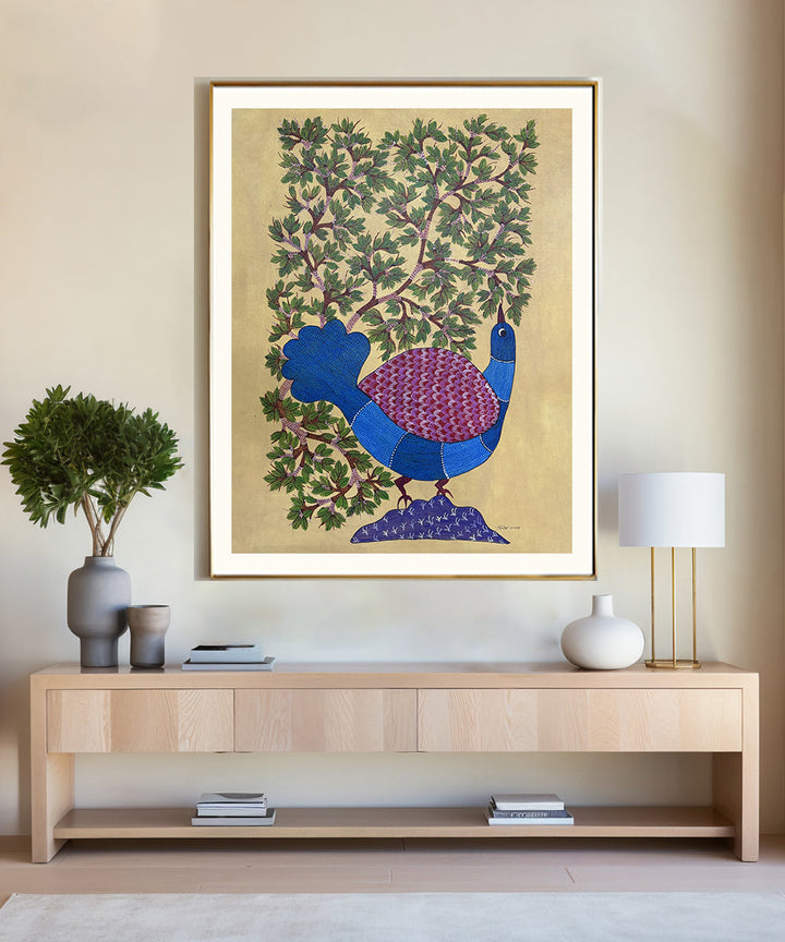 Bird Gond Hand Painting on Cloth Wall Art 36 by 24" (Unframed)