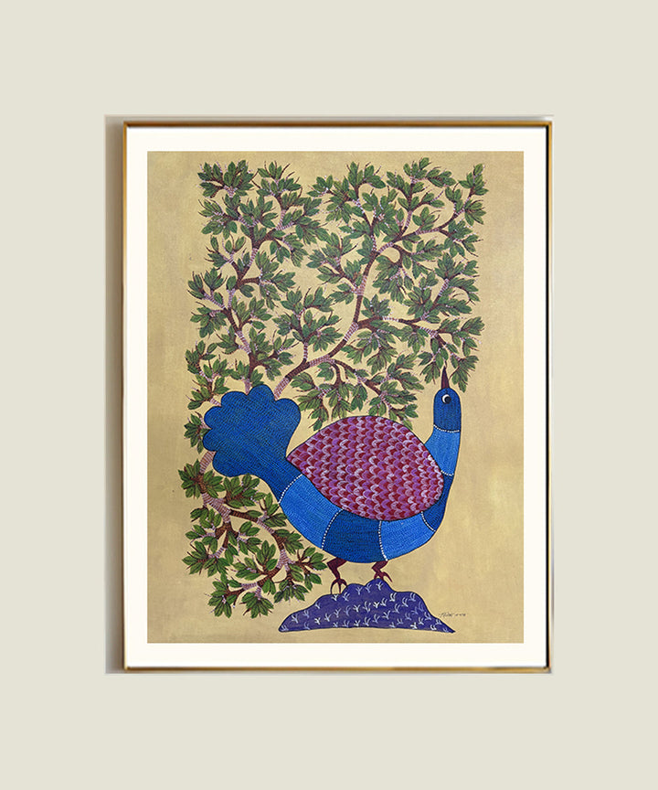 Bird Gond Hand Painting on Cloth Wall Art 36 by 24" (Unframed)