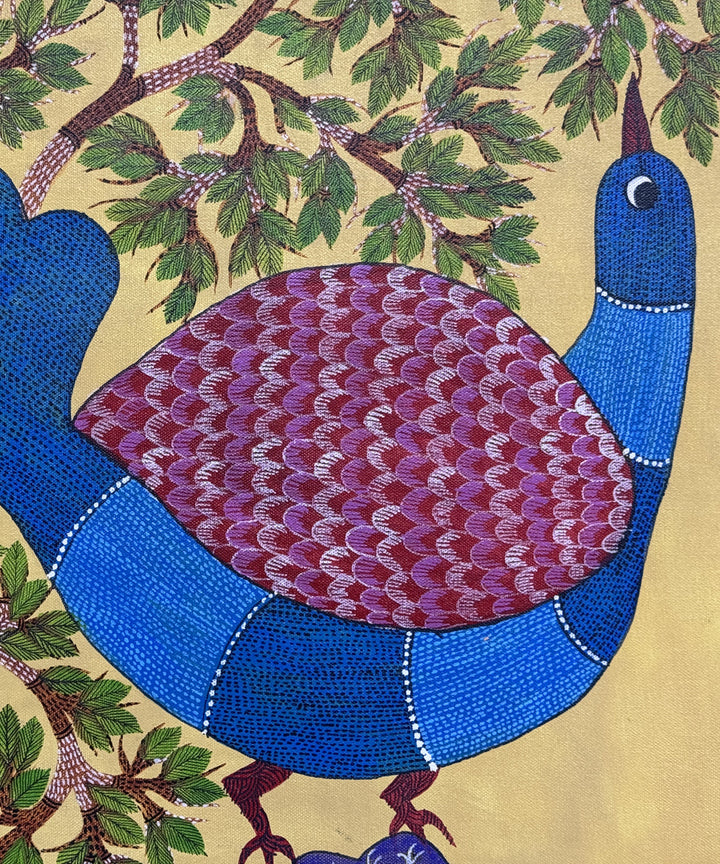 Bird Gond Hand Painting on Cloth Wall Art 36 by 24" (Unframed)