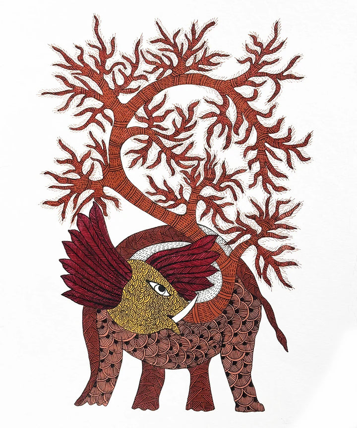 Elephant Gond Hand Painting 11.5 x 15 (Unframed)