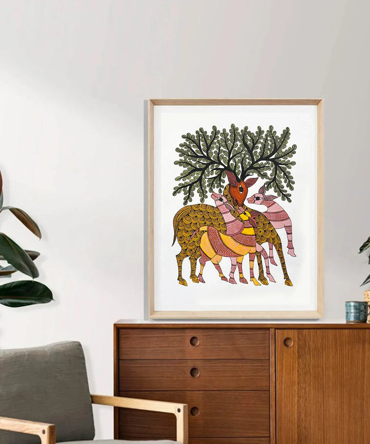 Mother Deer with baby Gond Hand Painting Wall Art By 11.5 x 15 Inches (Unframed)