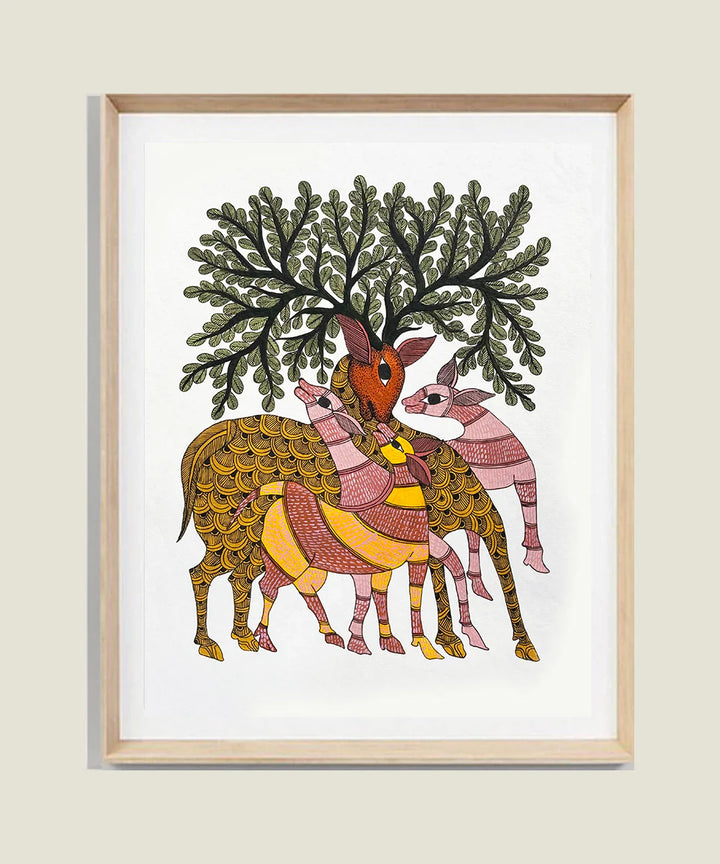 Mother Deer with baby Gond Hand Painting Wall Art By 11.5 x 15 Inches (Unframed)