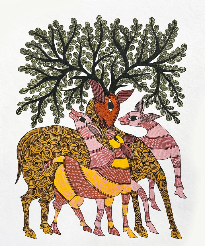 Mother Deer with baby Gond Hand Painting Wall Art By 11.5 x 15 Inches (Unframed)