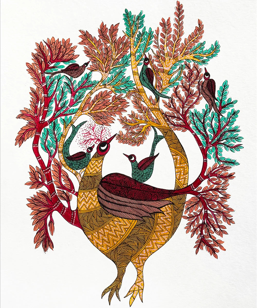 Peacock Gond Hand Painting Wall Art By 11.5 x 15 Unframed