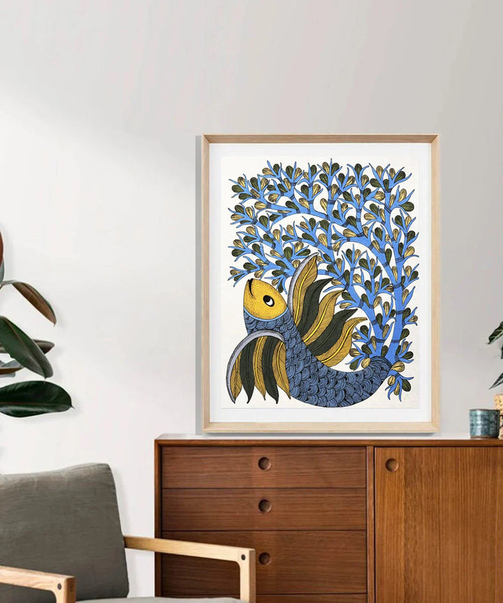 Fish Gond Hand Painting Wall Art By 11.5 x 15 Unframed