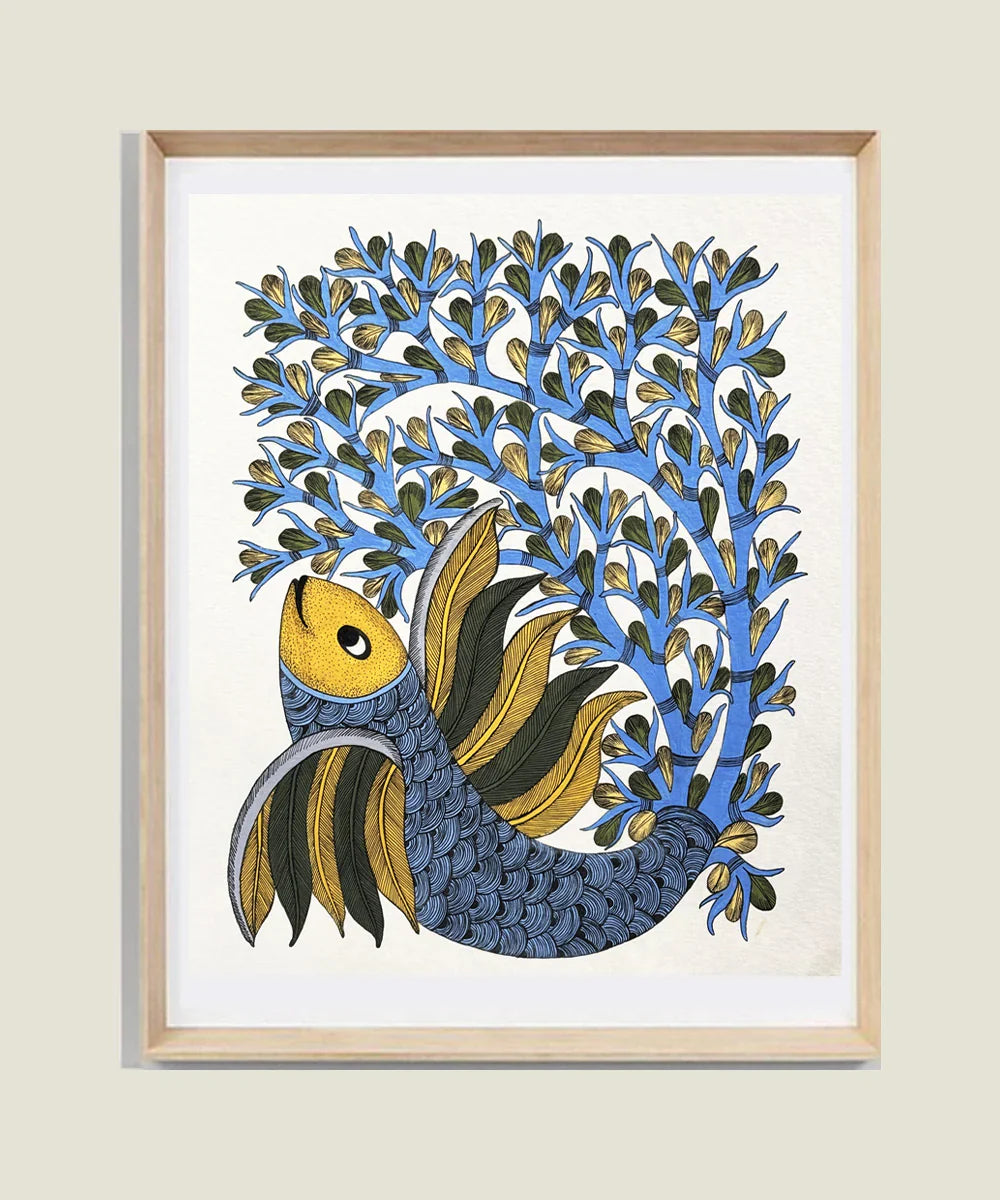 Fish Gond Hand Painting Wall Art By 11.5 x 15 Unframed