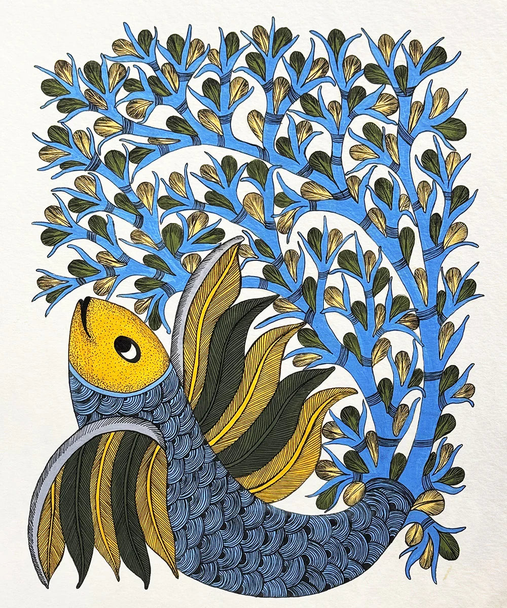 Fish Gond Hand Painting Wall Art By 11.5 x 15 Unframed