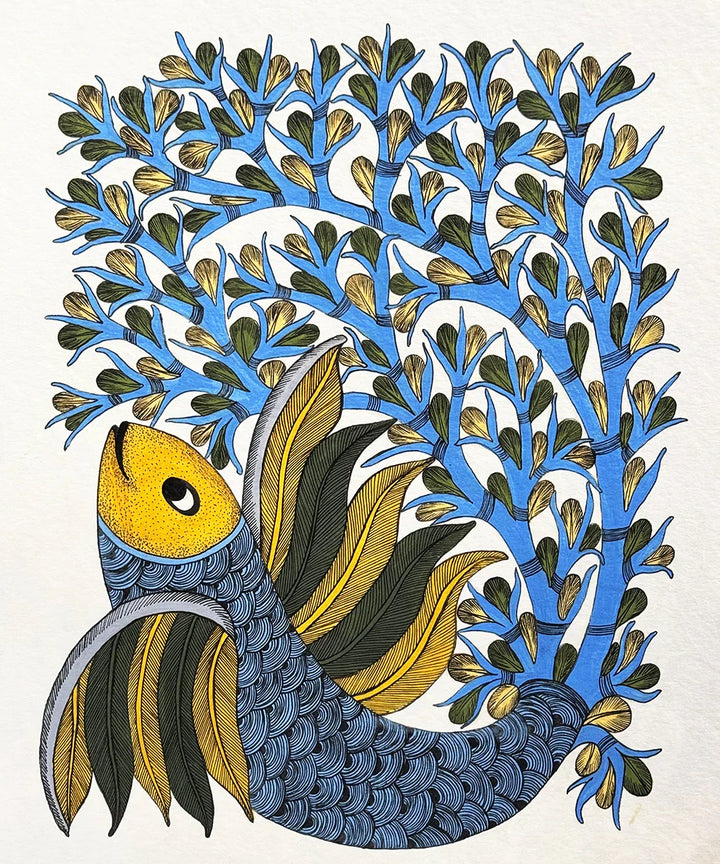 Fish Gond Hand Painting Wall Art By 11.5 x 15 Unframed