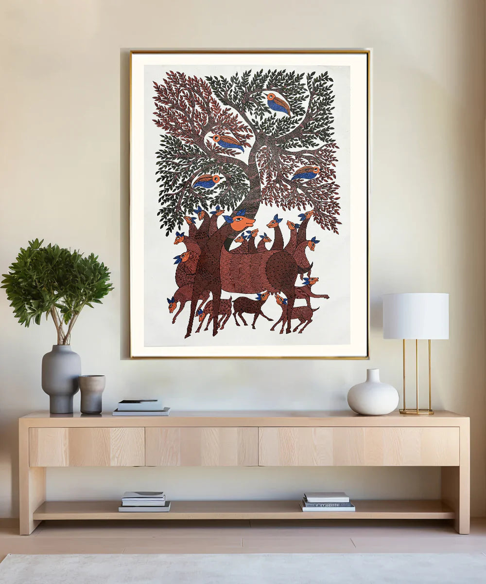 Mother & Baby Deer Gond Hand Painting Wall Art By 36" x 24" (Unframed)