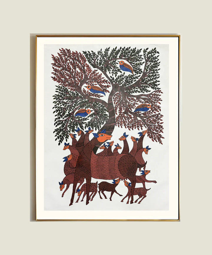 Mother & Baby Deer Gond Hand Painting Wall Art By 36" x 24" (Unframed)