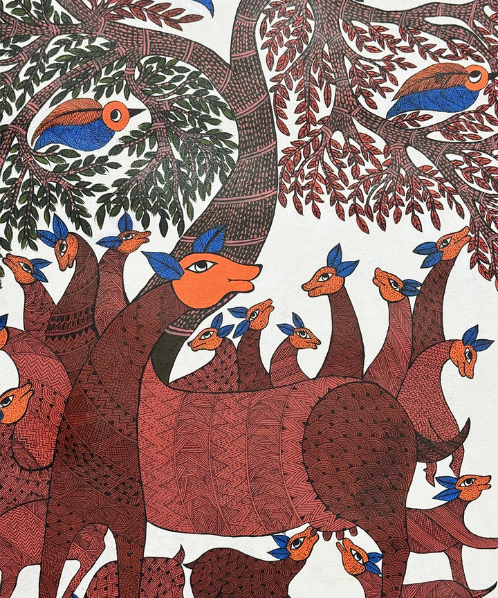 Mother & Baby Deer Gond Hand Painting Wall Art By 36" x 24" (Unframed)